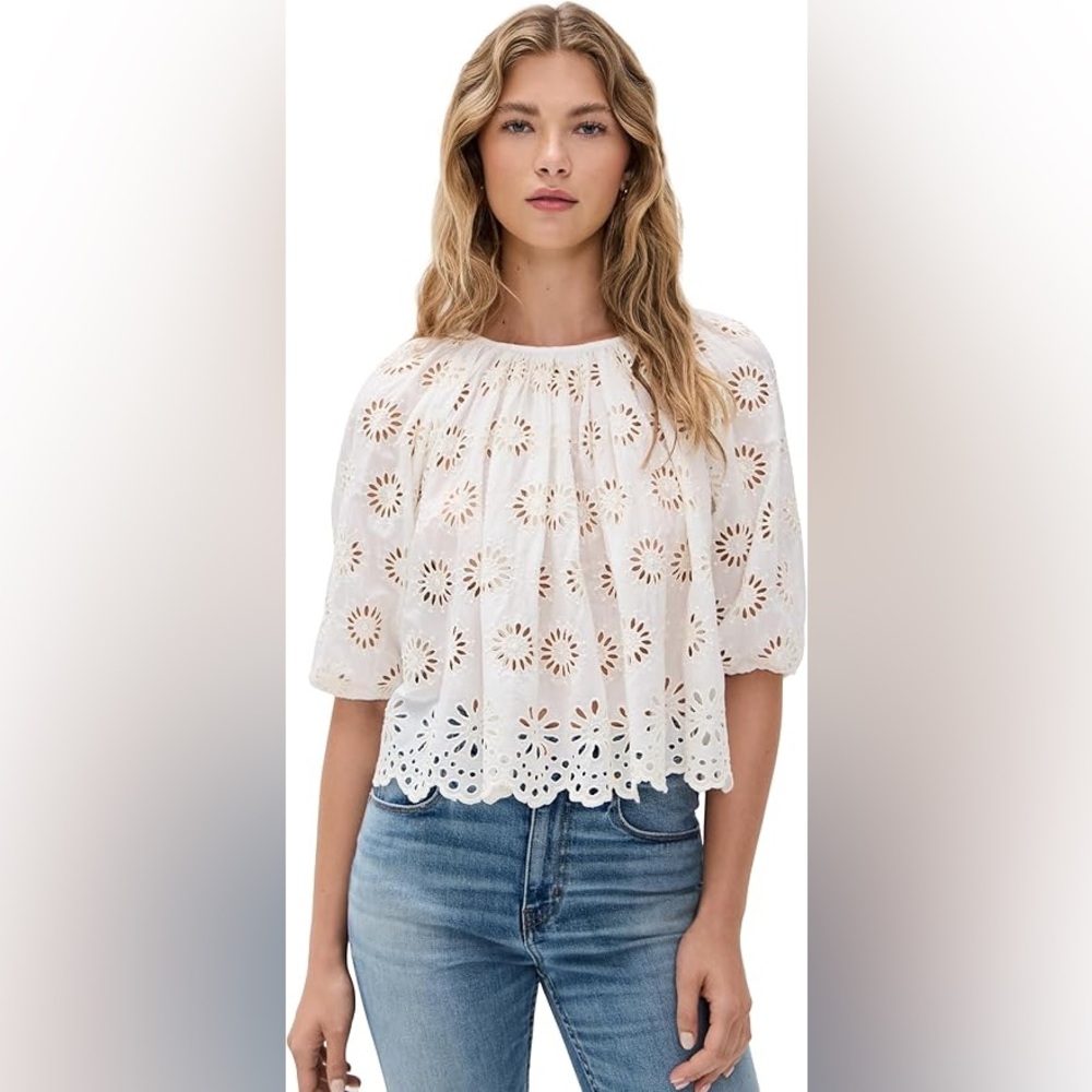 Madewell Embroidered Shirred Puff Sleeve Top - Picture 2 of 16